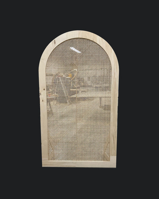 Arched window with decorative screen on a black background