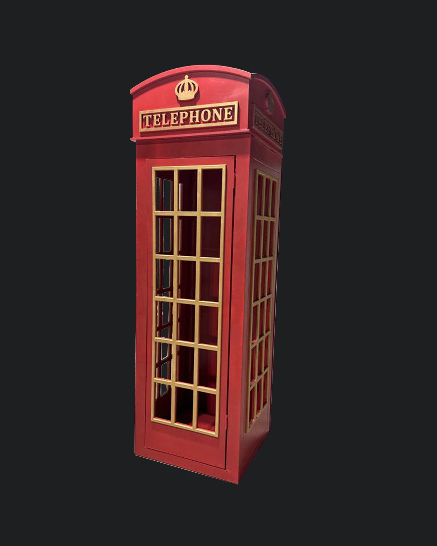 A red phone booth with a glass panel door and window frames against a black background.