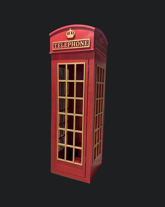A red phone booth with a glass panel door and window frames against a black background.